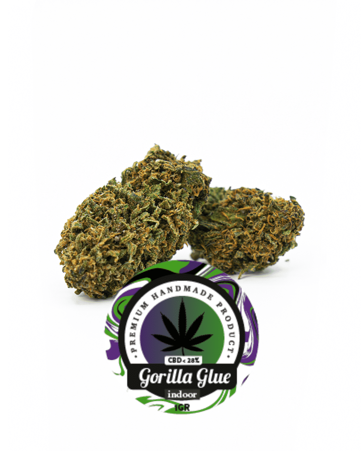 Gorilla Glue é un'infiorescenza di cannabis light coltivata indoor con l'adesivo relativo al prodotto Greenfields Farm