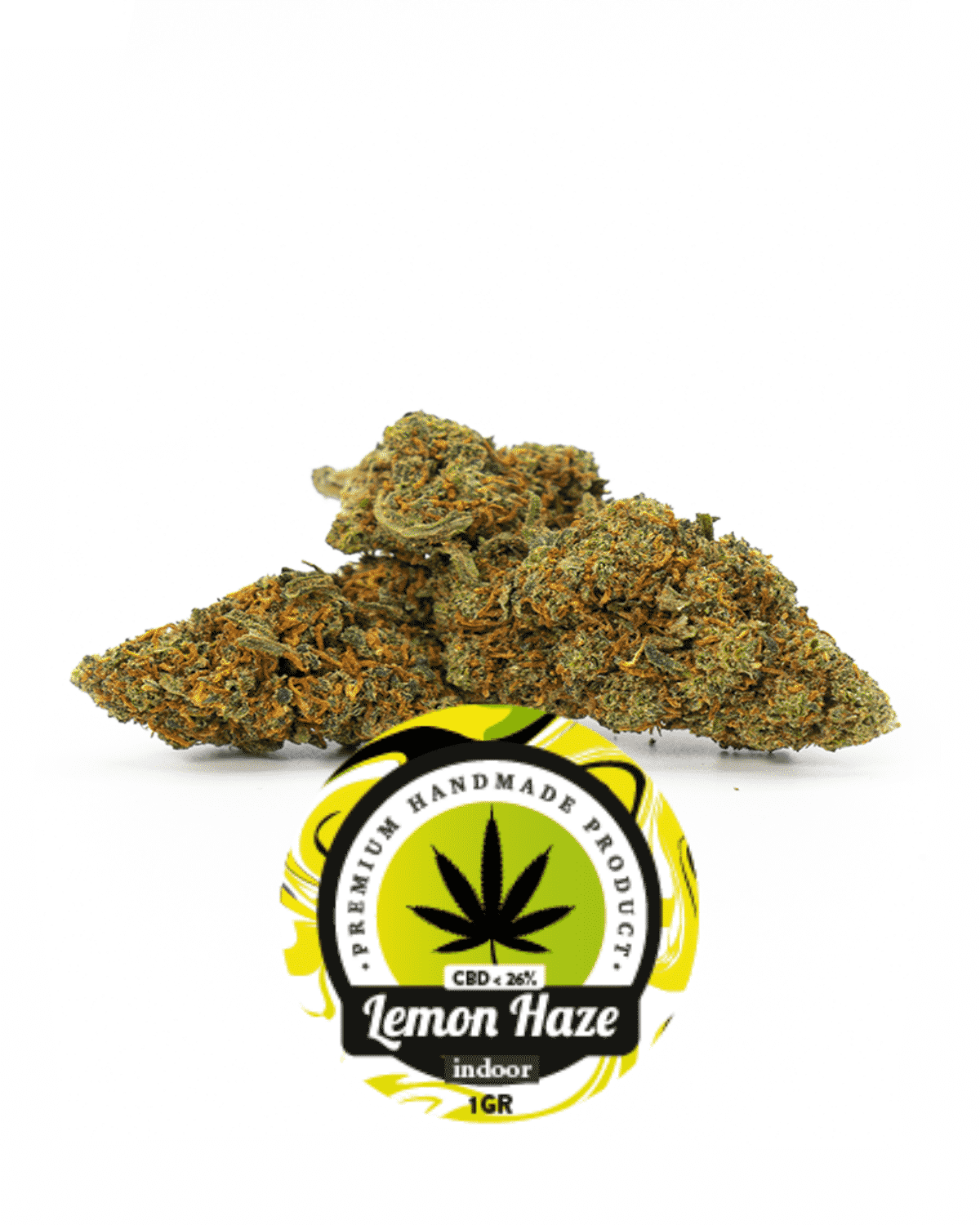 Lemon Haze é un'infiorescenza di cannabis light coltivata indoor con l'adesivo relativo al prodotto Greenfields Farm