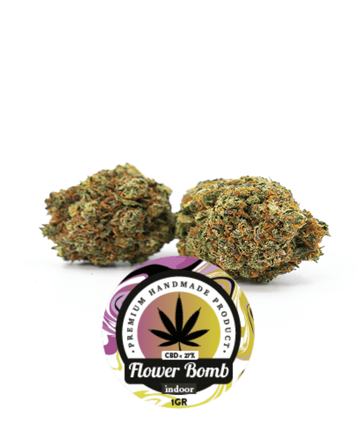 Flower Bomb é un'infiorescenza di cannabis light coltivata indoor con l'adesivo relativo al prodotto Greenfields Farm