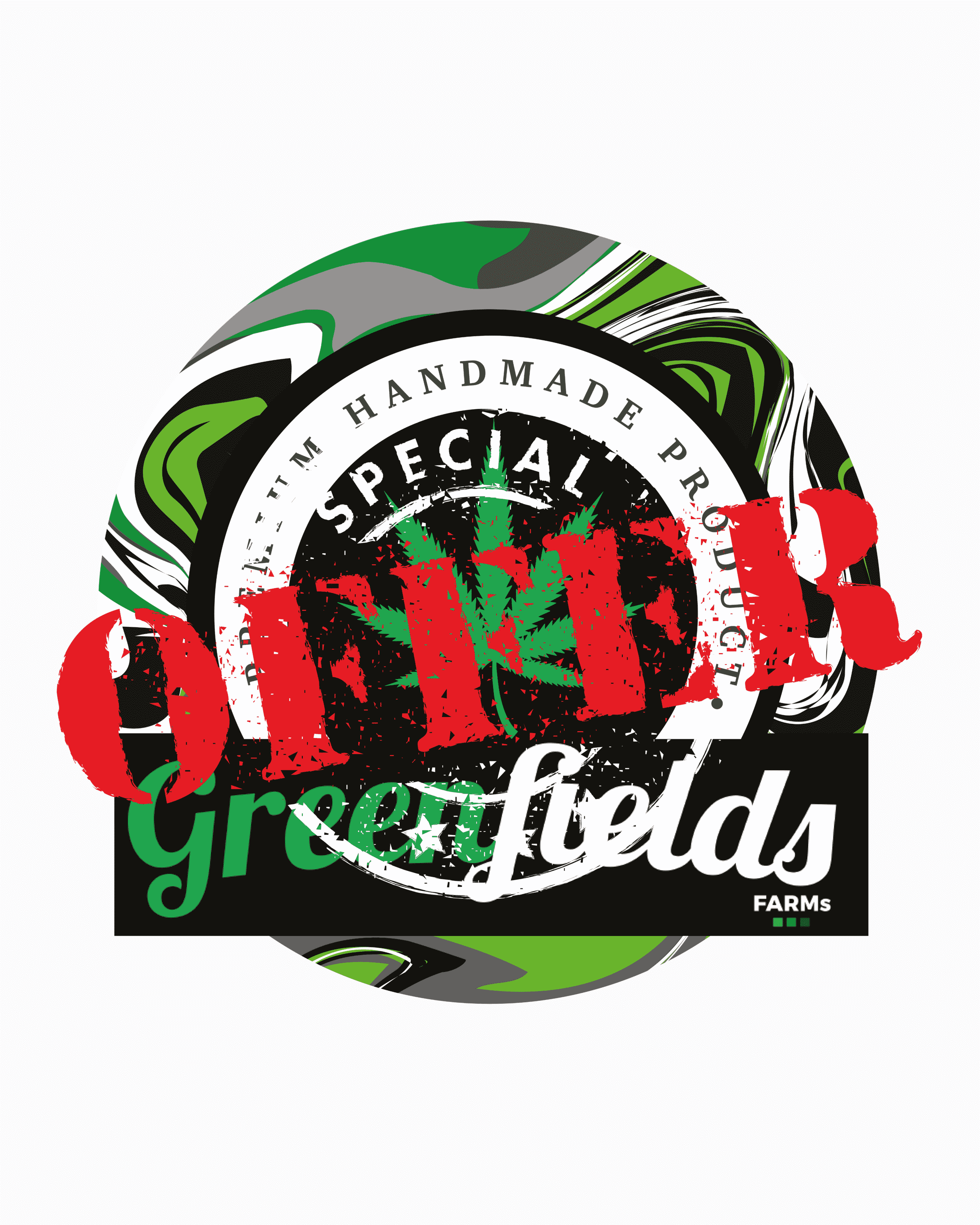 logo greenfields farm con adesivo delle offerte di cannabis light